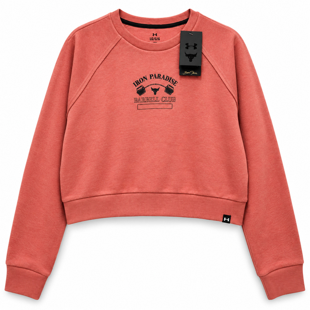 Under Armour Project Rock Iron Paradise Size Large Pink Fleece Crew